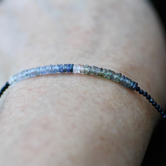 Natural Black Spinel, Green, Purple Sapphire Bracelet Handcrafted 14k White Gold - Picture 2 of 9